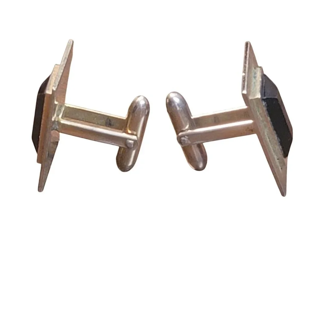 Vintage Rectangular Gold-Toned Cufflinks With Black Faceted Stones Elegant